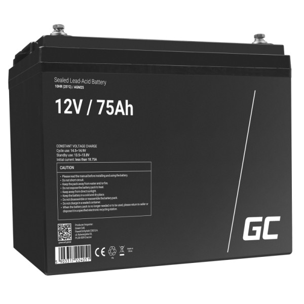 Green cell® agm 12v 75ah vrla battery gel deep cycle powerchair photovoltaic leisure battery campervan