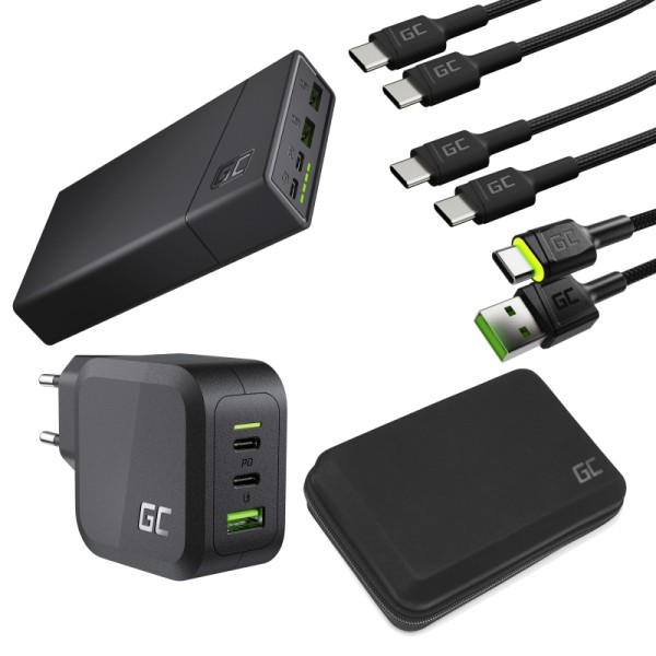 All-in travel kit for the family with fast multi-port charger, capacious 20000mah powerbank and usb-c cable kit + case