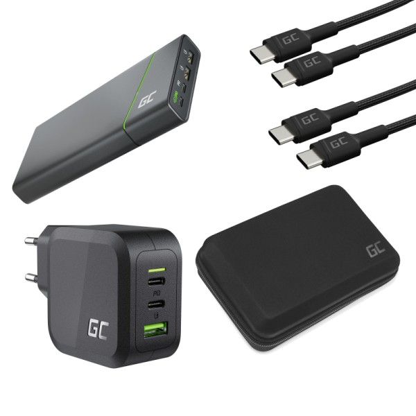 Set with powerbank and charger for ultra-fast charging of multiple devices simultaneously. power bank, charger, cables and case