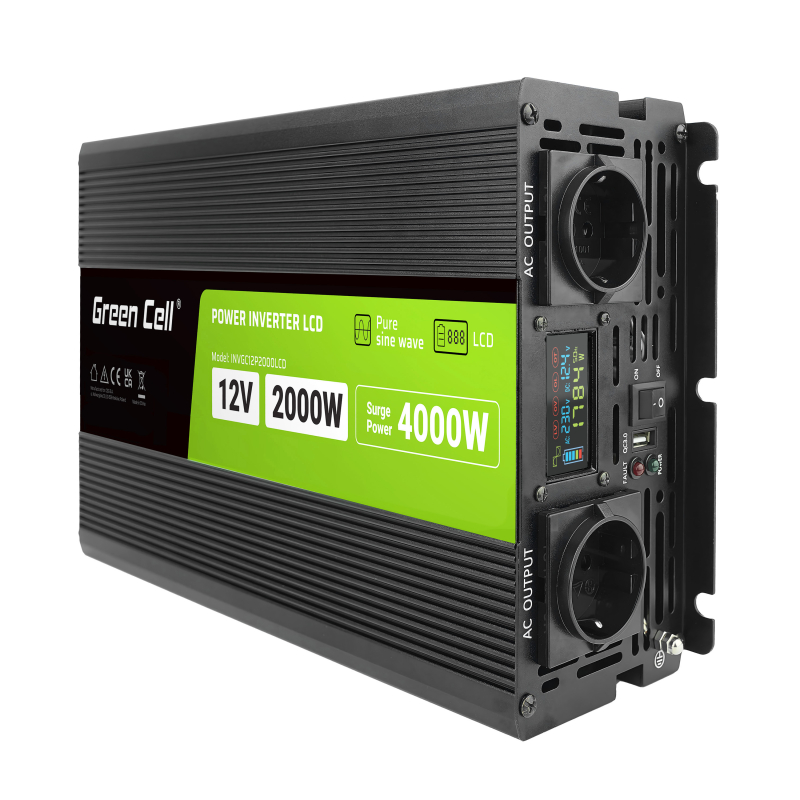 Green cell powerinverter lcd 12 v 2000 w/4000 w pure sine wave inverter with display