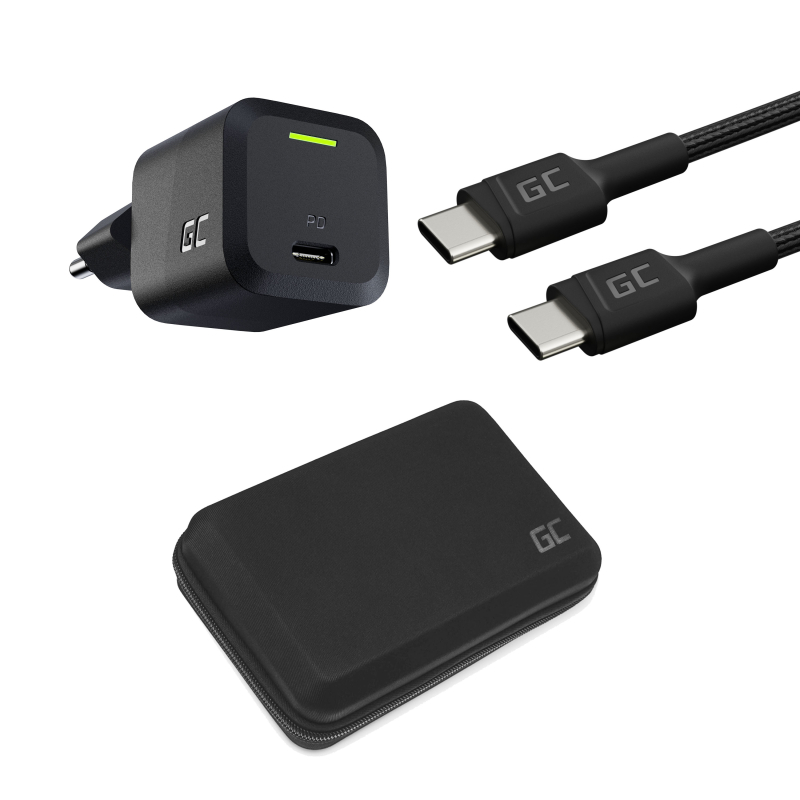Fast charging kit for your phone, tablet or ultrabook with a long 2 metre cable. gan charger + usb-c cable + case