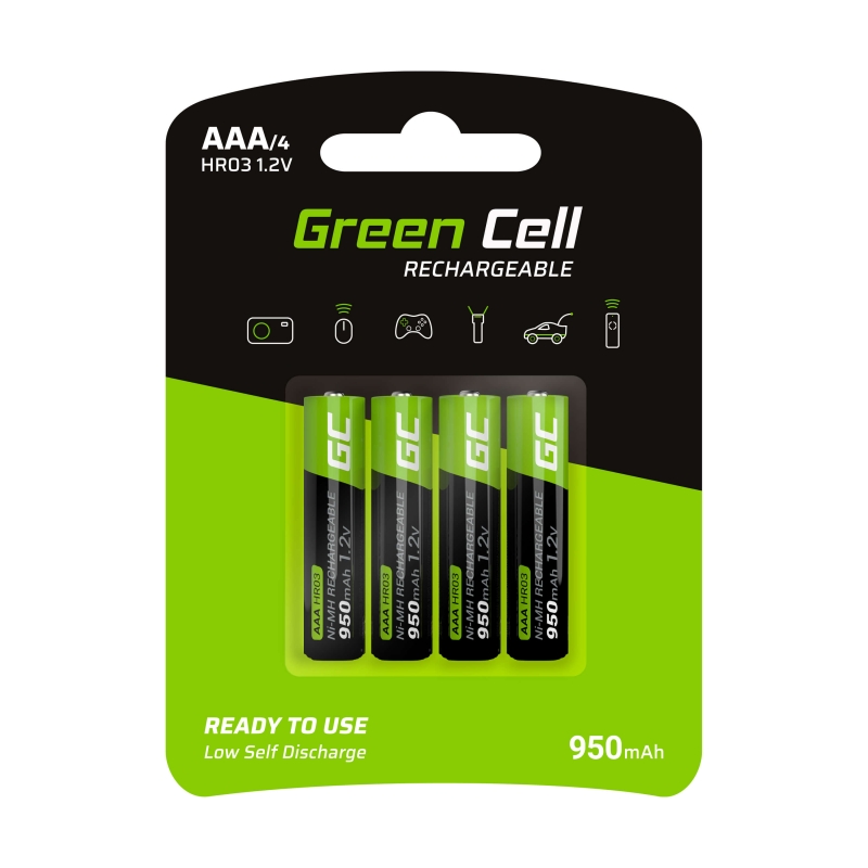 Green cell rechargeable ni-mh batteries 4x aaa hr03 950mah
