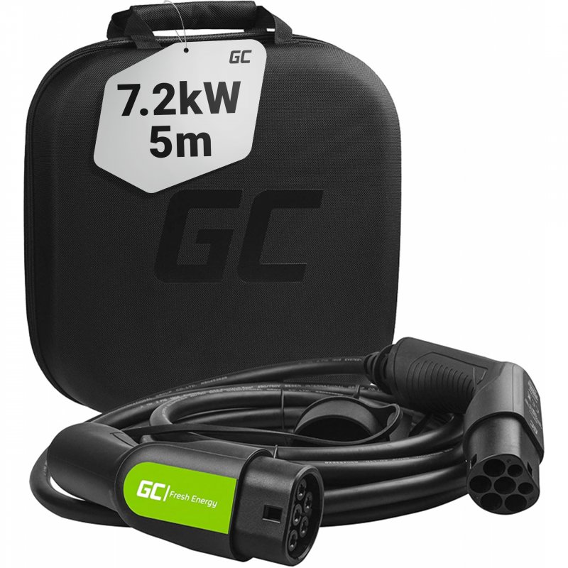 Green cell charging cable type 2 7.2kw 32a 5m 1-phase for leaf, i3, id.3, e-golf, e-up!, e-208, i-pace, ux 300e, 500e, citigo iv