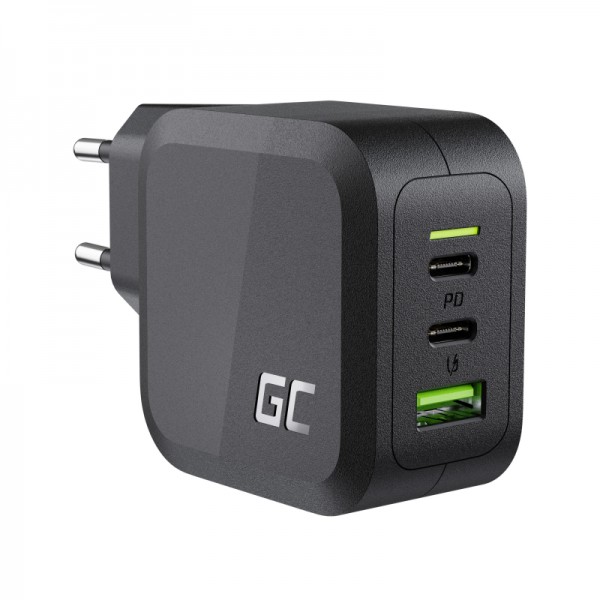 Green cell charger 65w gan gc powergan for laptop, macbook, smartphone, iphone, tablet, nintendo switch - 2x usb-c, 1x usb-a