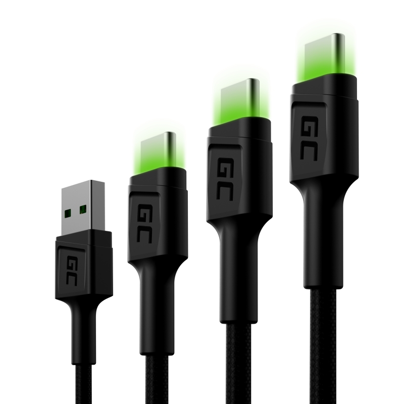 Set 3x cable usb-c type c 30cm, 120cm, 200cm green cell powerstream with fast charging, ultra charge, quick charge 3.0