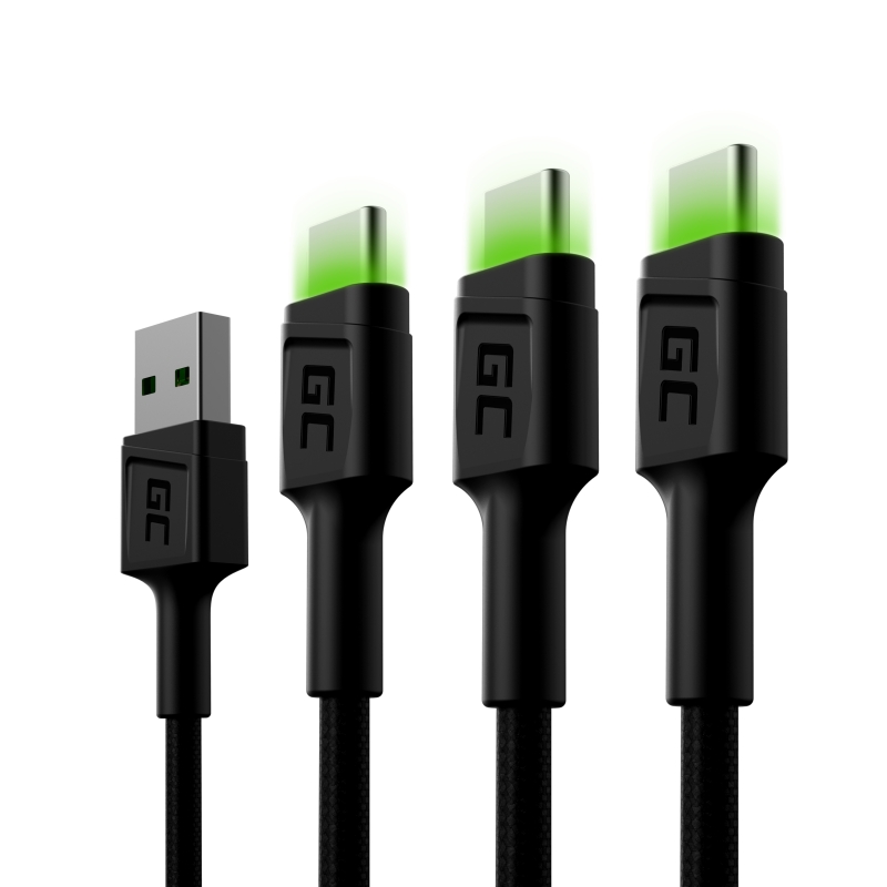 Set 3x cable usb-c type c 200cm green cell powerstream with fast charging, ultra charge, quick charge 3.0